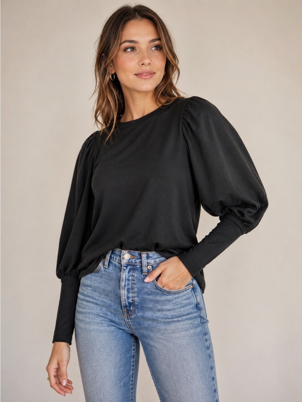 Madewell Puff Sleeve Brushed Jersey Top in Black. Size XXS Minimalist Neutral